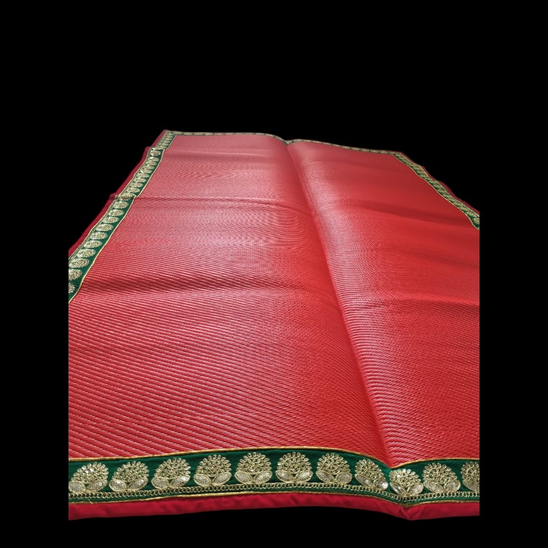 Red Nylon Handmade Chatai/Mat with Red, Green & Golden sequins work on the Trim/Lace 72x48 (in inch)