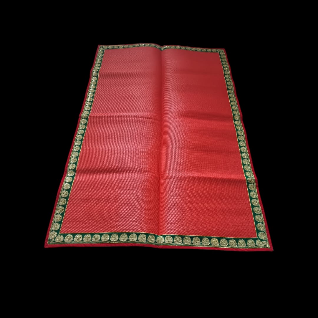 Red Nylon Handmade Chatai/Mat with Red, Green & Golden sequins work on the Trim/Lace 72x48 (in inch)