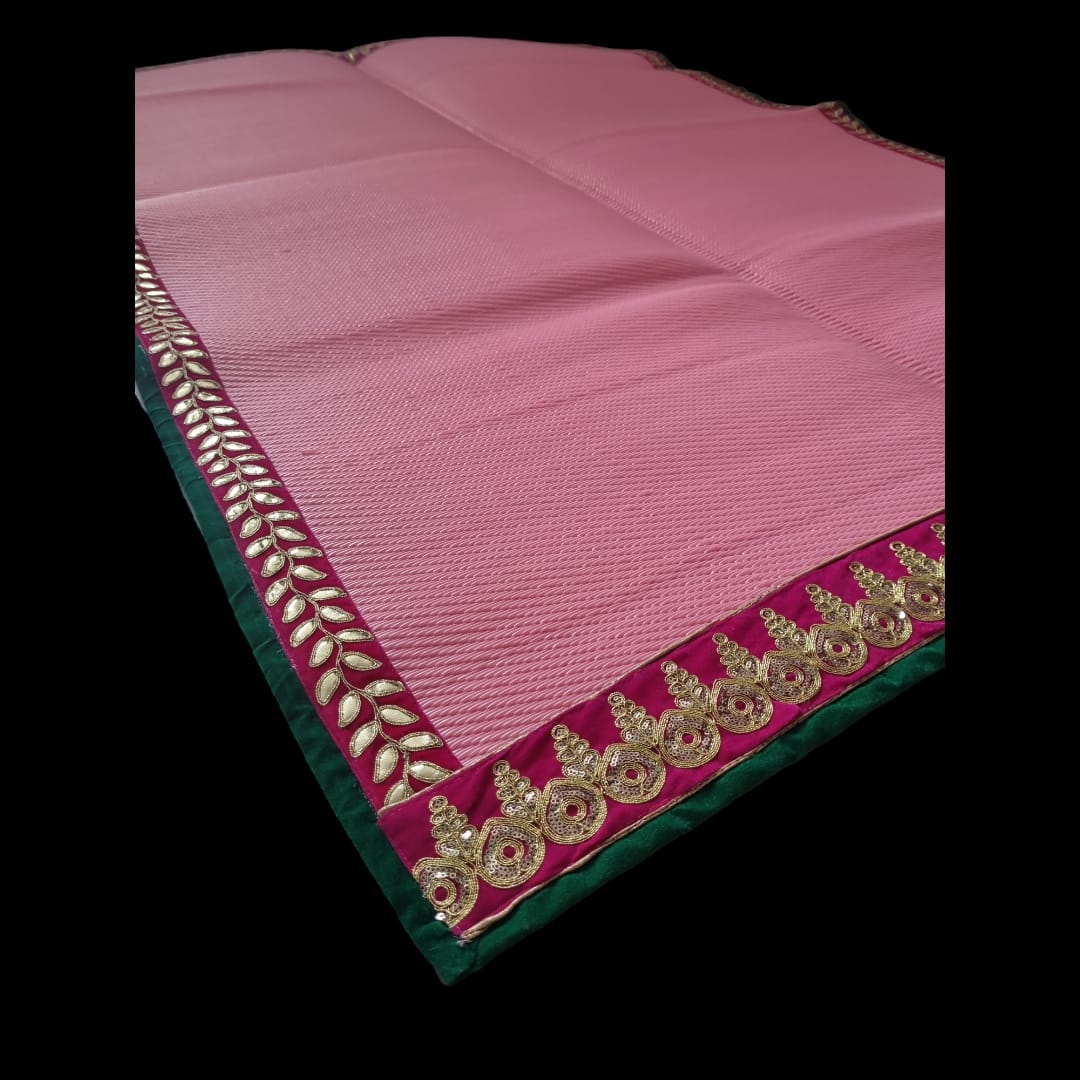 Pink Nylon Handmade Chatai/Mat with Green, Red & Golden sequins work on the Trim/Lace 72x48 (in inch)