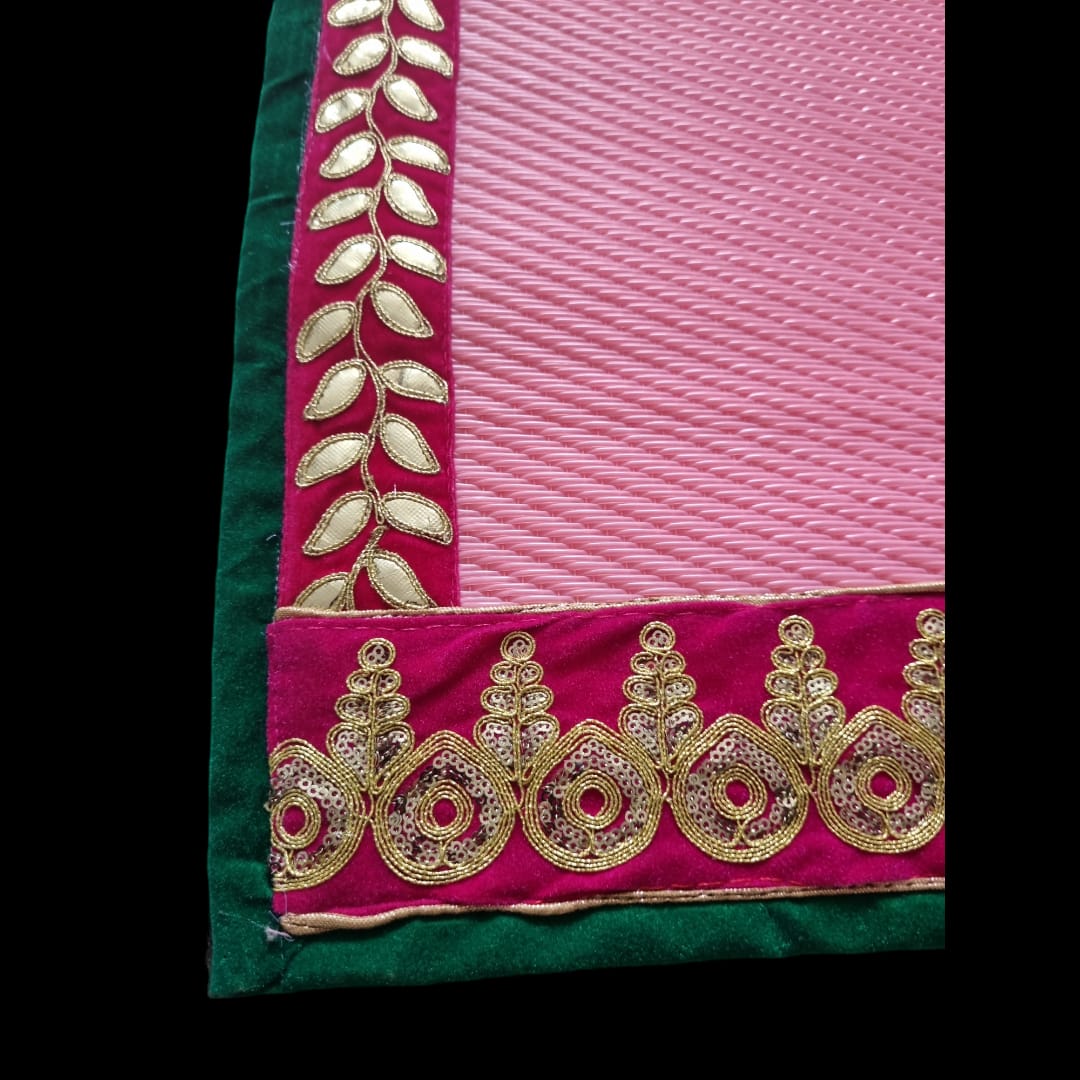 Pink Nylon Handmade Chatai/Mat with Green, Red & Golden sequins work on the Trim/Lace 72x48 (in inch)