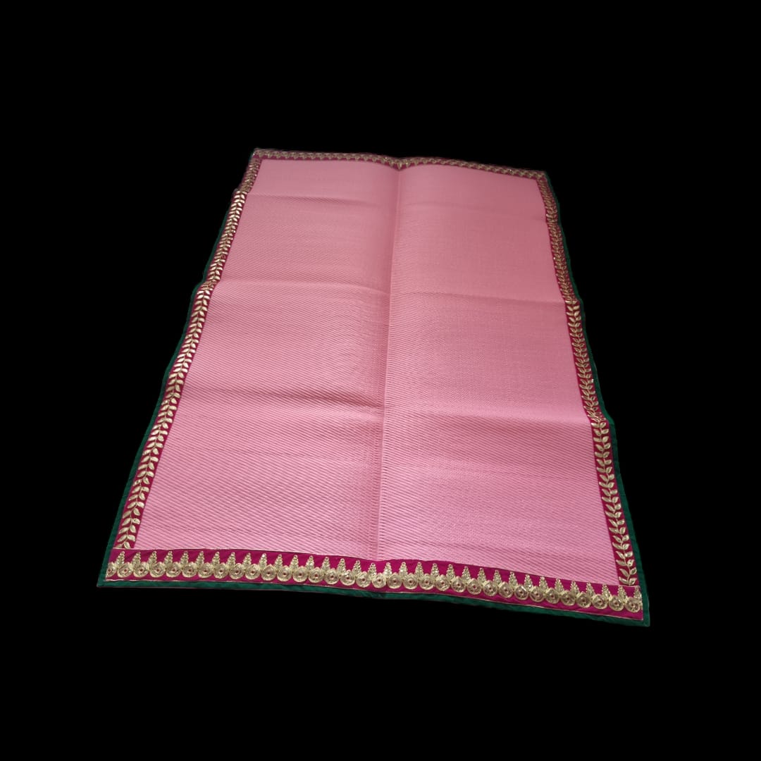 Pink Nylon Handmade Chatai/Mat with Green, Red & Golden sequins work on the Trim/Lace 72x48 (in inch)