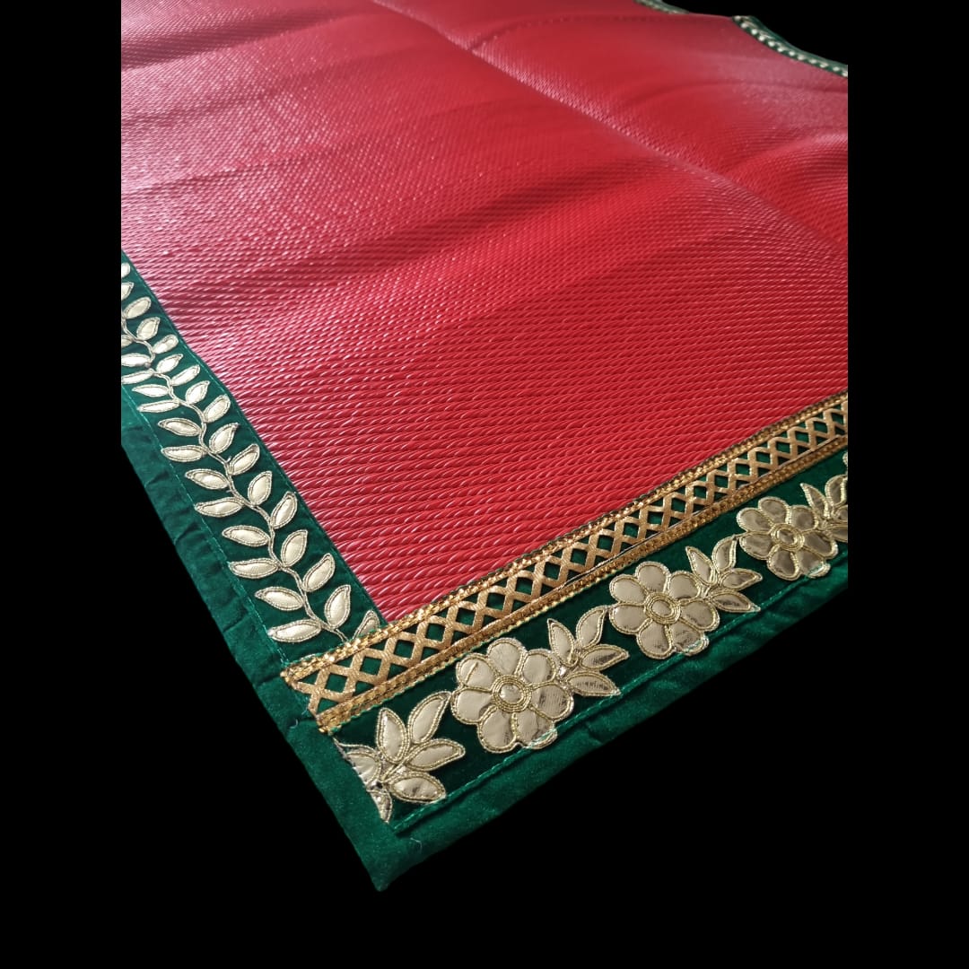 Red Nylon Handmade Chatai/Mat with Green & Golden sequins work on the Trim/Lace 72x48 (in inch)