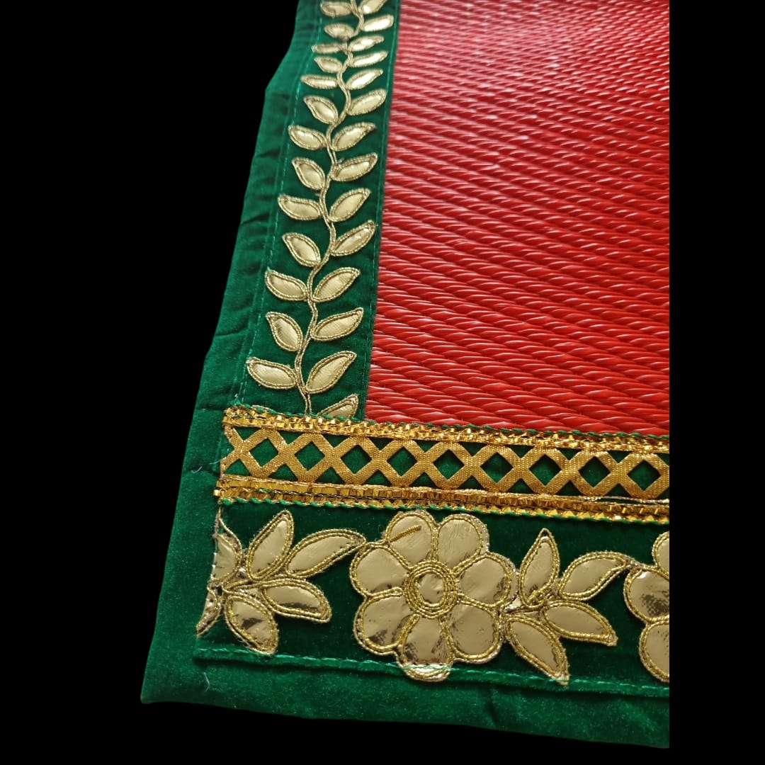 Red Nylon Handmade Chatai/Mat with Green & Golden sequins work on the Trim/Lace 72x48 (in inch)