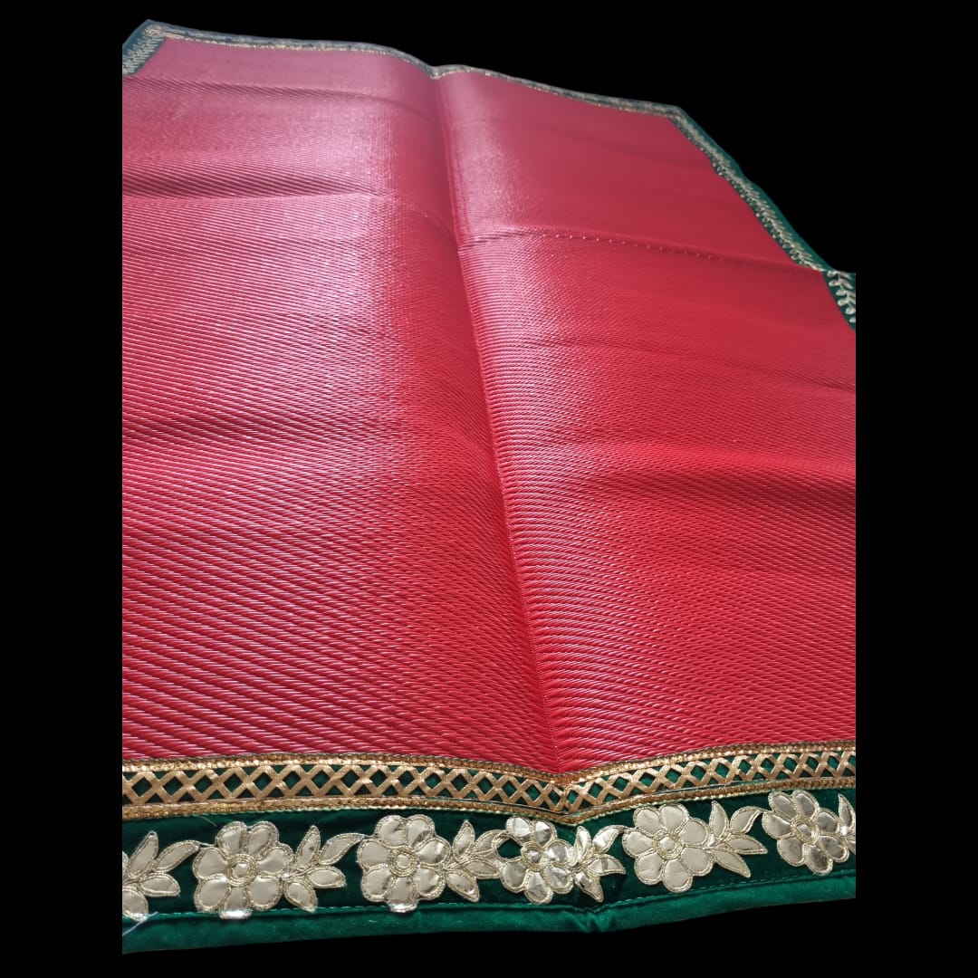 Red Nylon Handmade Chatai/Mat with Green & Golden sequins work on the Trim/Lace 72x48 (in inch)