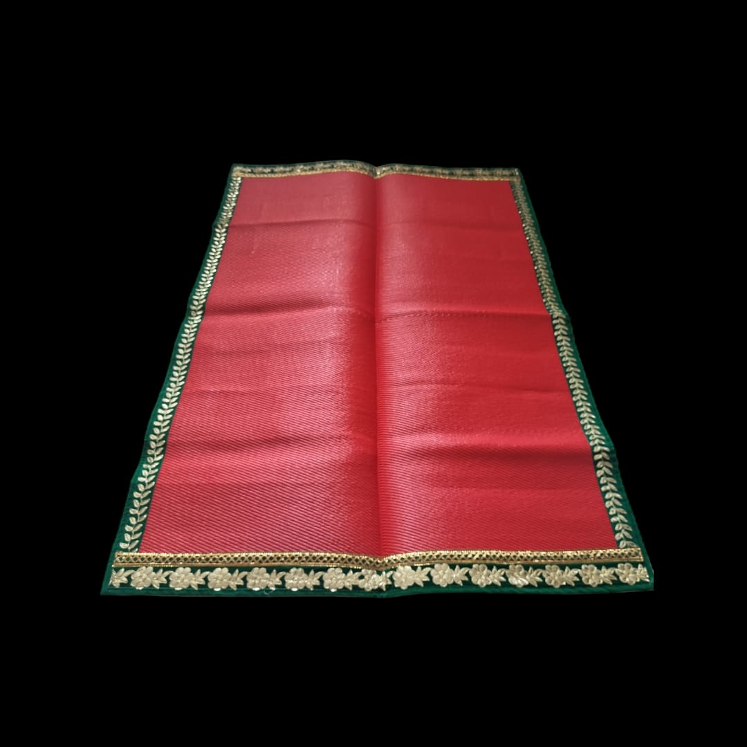 Red Nylon Handmade Chatai/Mat with Green & Golden sequins work on the Trim/Lace 72x48 (in inch)