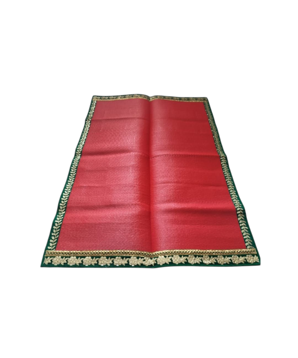 Red Nylon Handmade Chatai/Mat with Green & Golden sequins work on the Trim/Lace 72x48 (in inch)