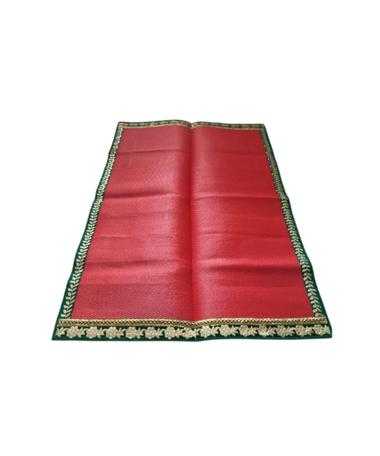 Red Nylon Handmade Chatai/Mat with Green & Golden sequins work on the Trim/Lace 72x48 (in inch)