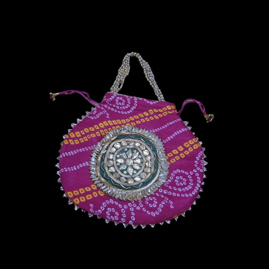 pink bandhni potli with green motif Women's Embroidered Clutch Purse Potli Bag Pouch Drawstring Bag Purse Potli Bag Pouch Wedding Favor Return Gift For Guests.