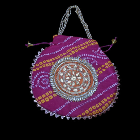 pink bandhni potli with orange circle motif Women's Embroidered Clutch Purse Potli Bag Pouch Drawstring Bag Purse Potli Bag Pouch Wedding Favor Return Gift For Guests.