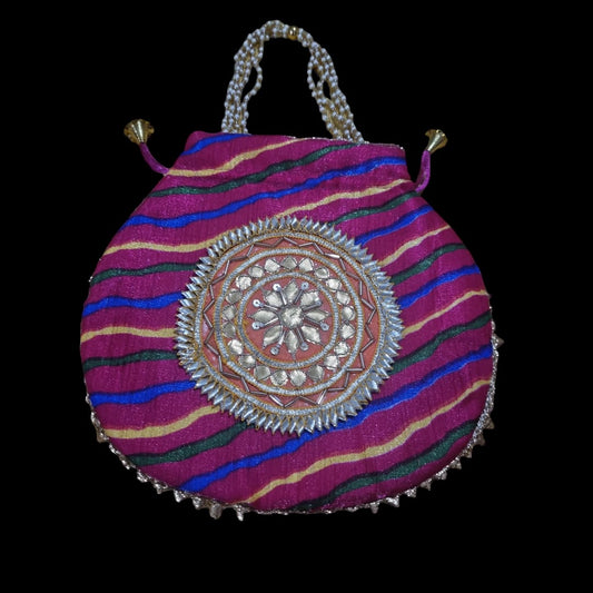 pink lehariya potli with orange circle motif Women's Embroidered Clutch Purse Potli Bag Pouch Drawstring Bag Purse Potli Bag Pouch Wedding Favor Return Gift For Guests.