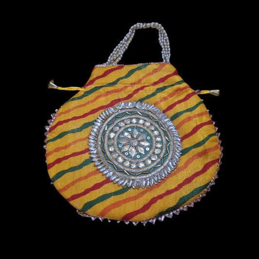 yellow lehariya potli with green circle motif Women's Embroidered Clutch Purse Potli Bag Pouch Drawstring Bag Purse Potli Bag Pouch Wedding Favor Return Gift For Guests.