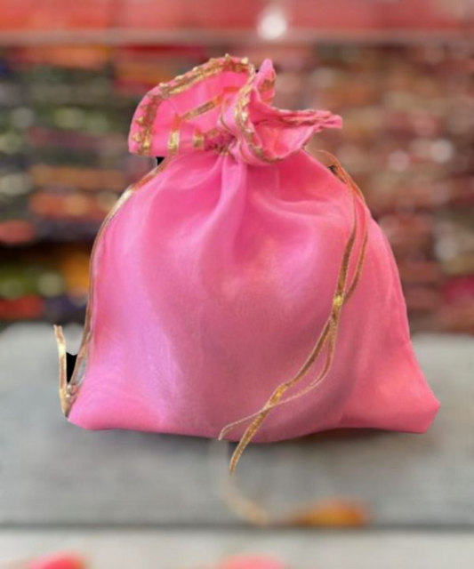 1 Pc Pink with Golden Lace Gift Bag Jewellery/ Gift Potli