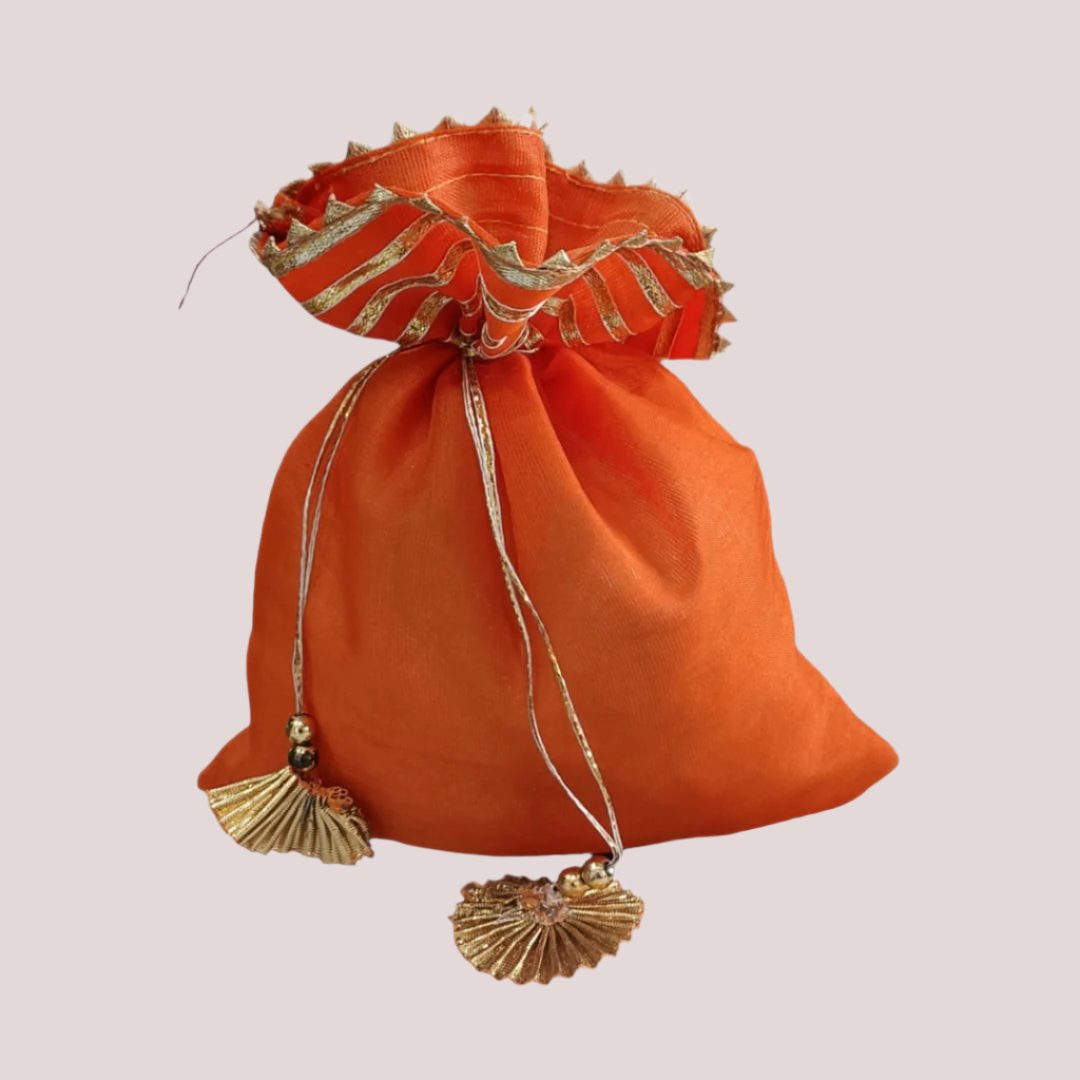 1 Pc Orange with Golden Lace Gift Bag Jewellery/ Gift Potli