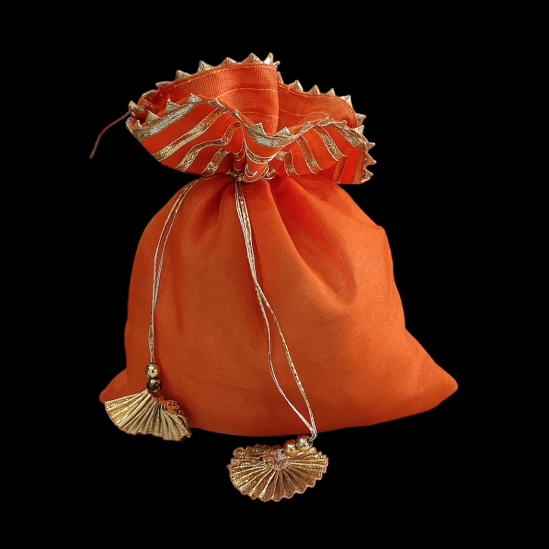 1 Pc Orange with Golden Lace Gift Bag Jewellery/ Gift Potli