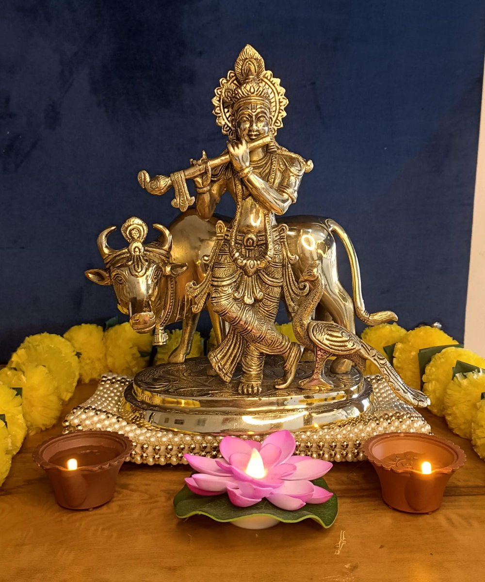 Lord Krishna Cow With Peacock Statue