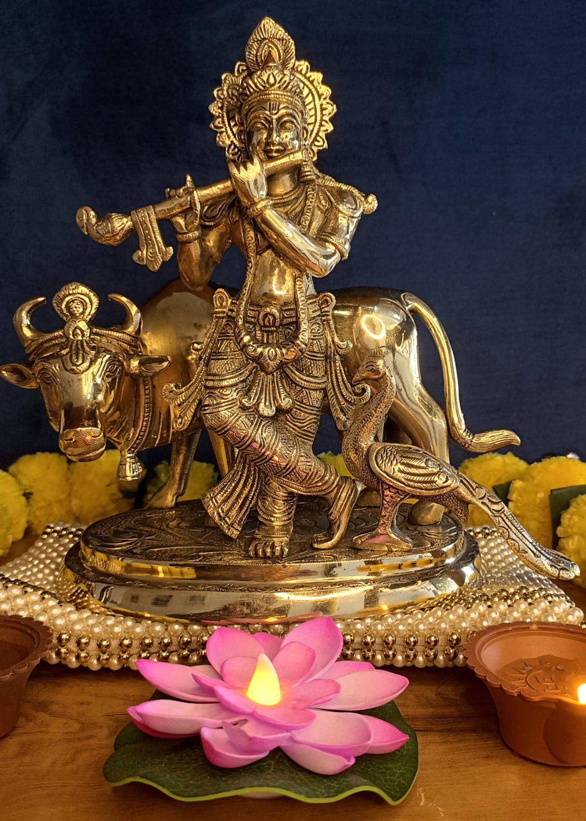 Lord Krishna Cow With Peacock Statue