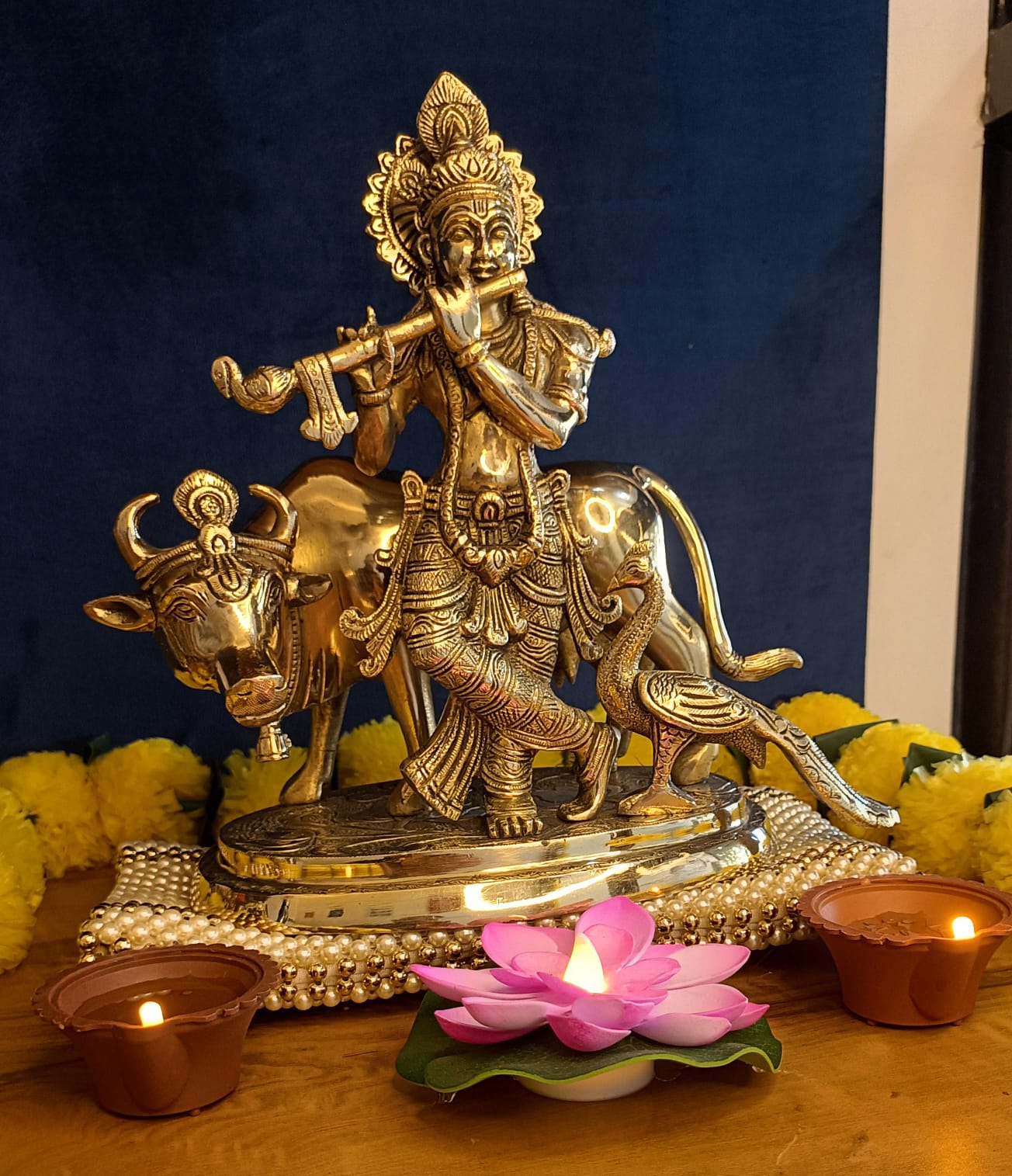 Lord Krishna Cow With Peacock Statue