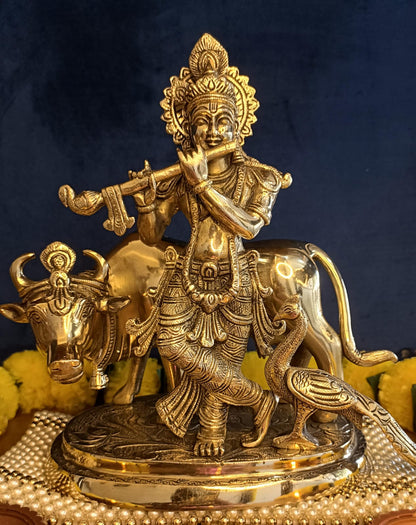 Lord Krishna Cow With Peacock Statue