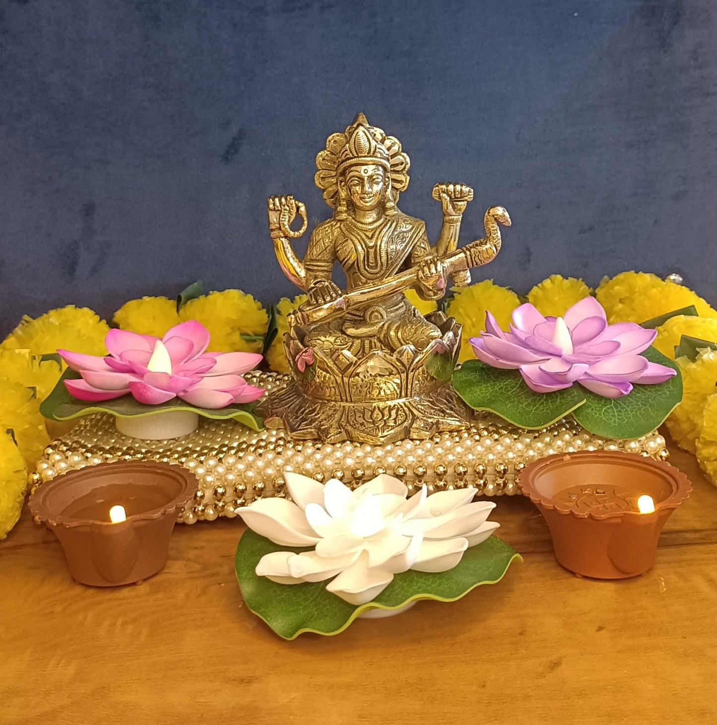 Big Size Lakshmi Ganesha and Saraswati With Lotus Statue Set