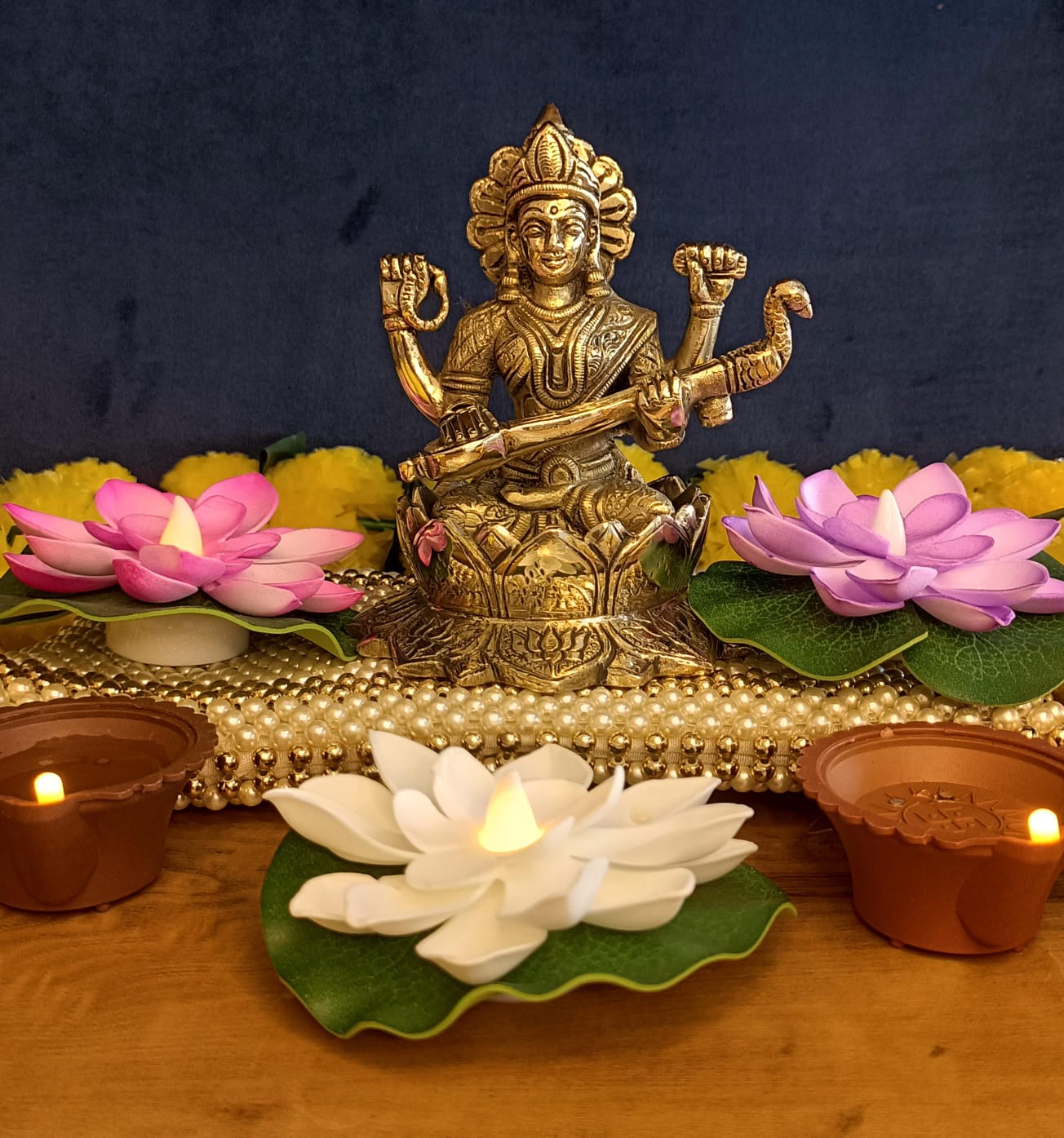 Big Size Lakshmi Ganesha and Saraswati With Lotus Statue Set