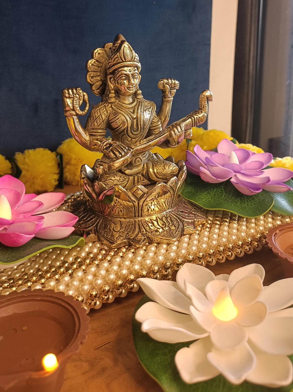 Big Size Lakshmi Ganesha and Saraswati With Lotus Statue Set