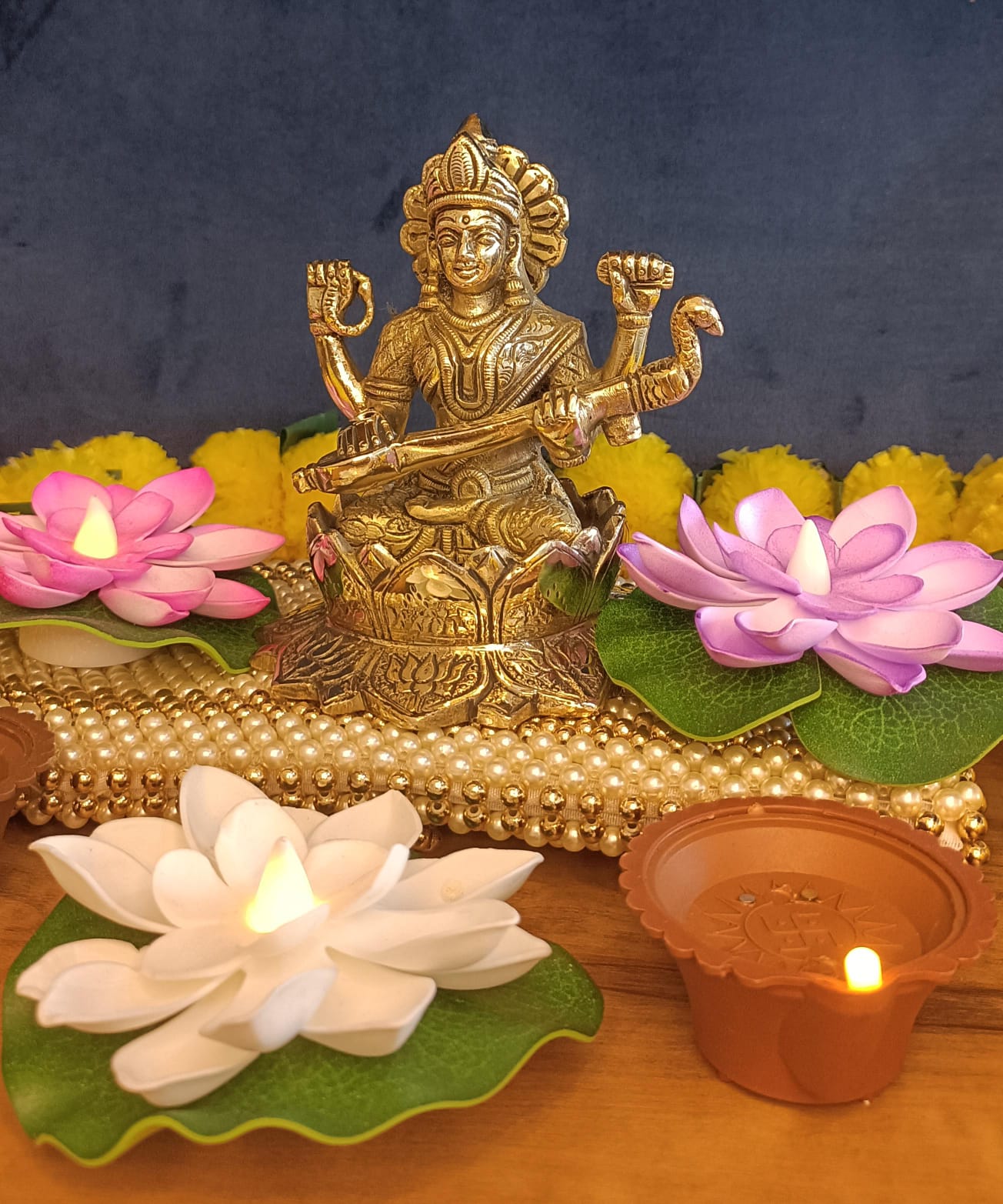 Big Size Lakshmi Ganesha and Saraswati With Lotus Statue Set