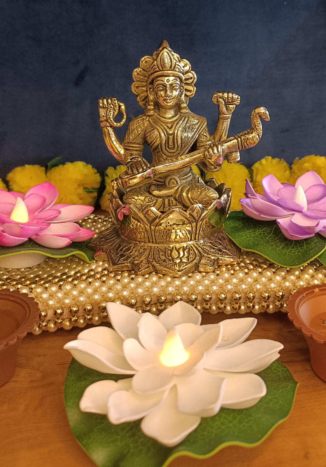 Big Size Lakshmi Ganesha and Saraswati With Lotus Statue Set