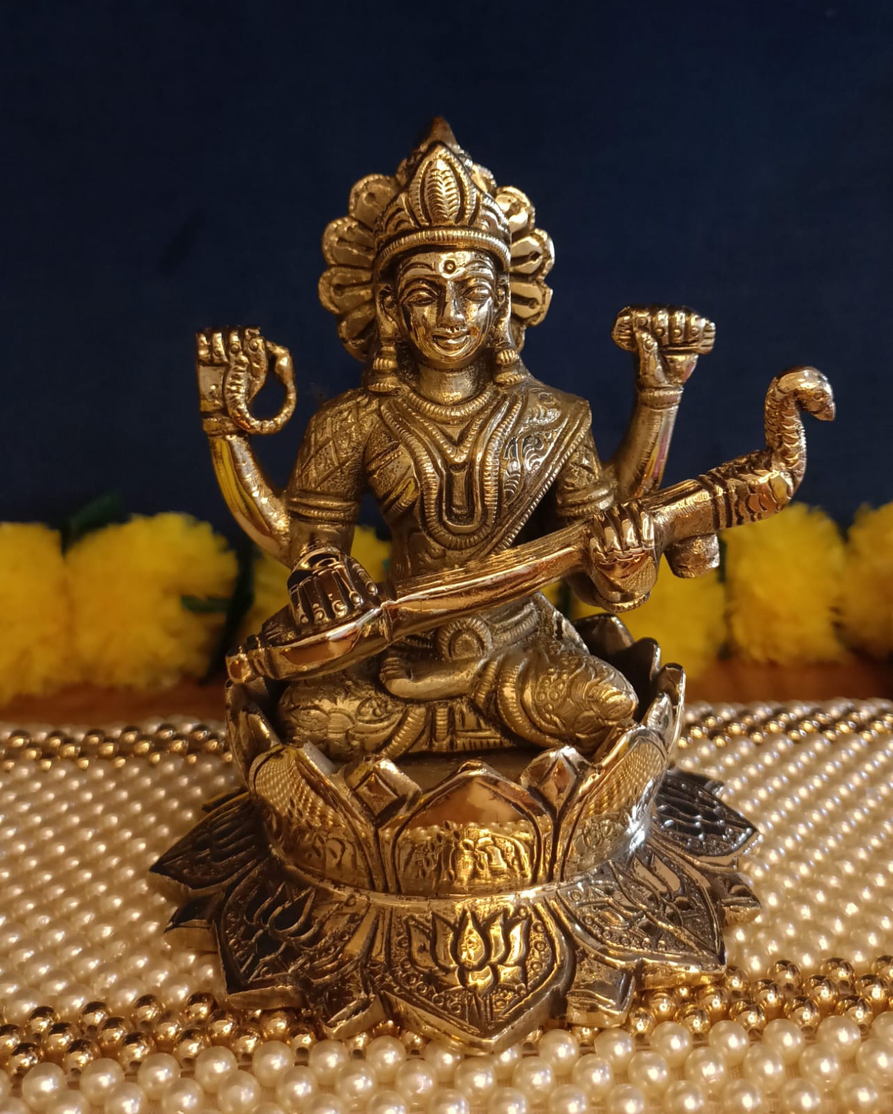 Big Size Lakshmi Ganesha and Saraswati With Lotus Statue Set