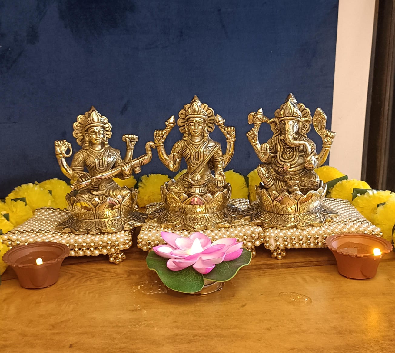 Big Size Lakshmi Ganesha and Saraswati With Lotus Statue Set