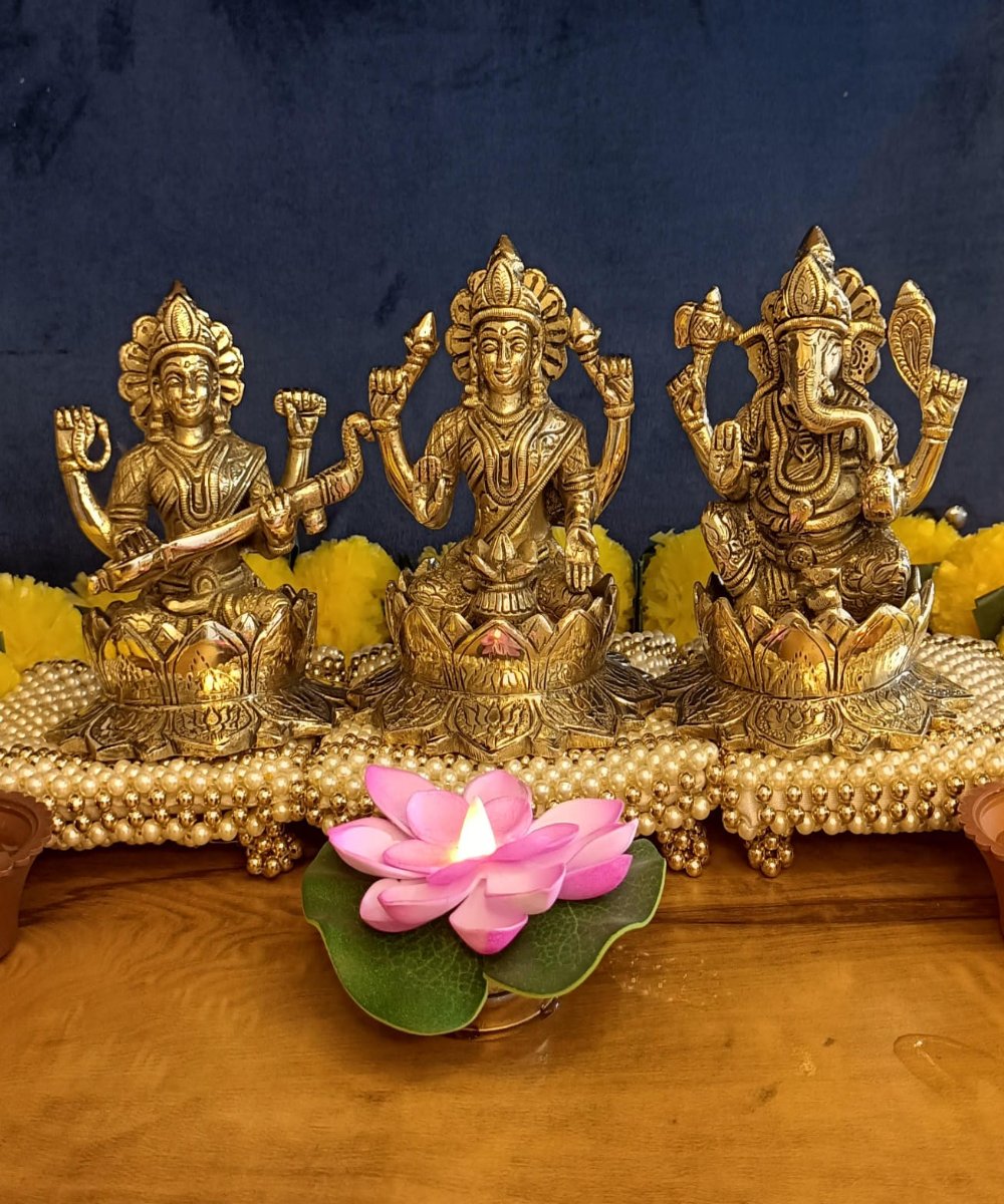 Big Size Lakshmi Ganesha and Saraswati With Lotus Statue Set