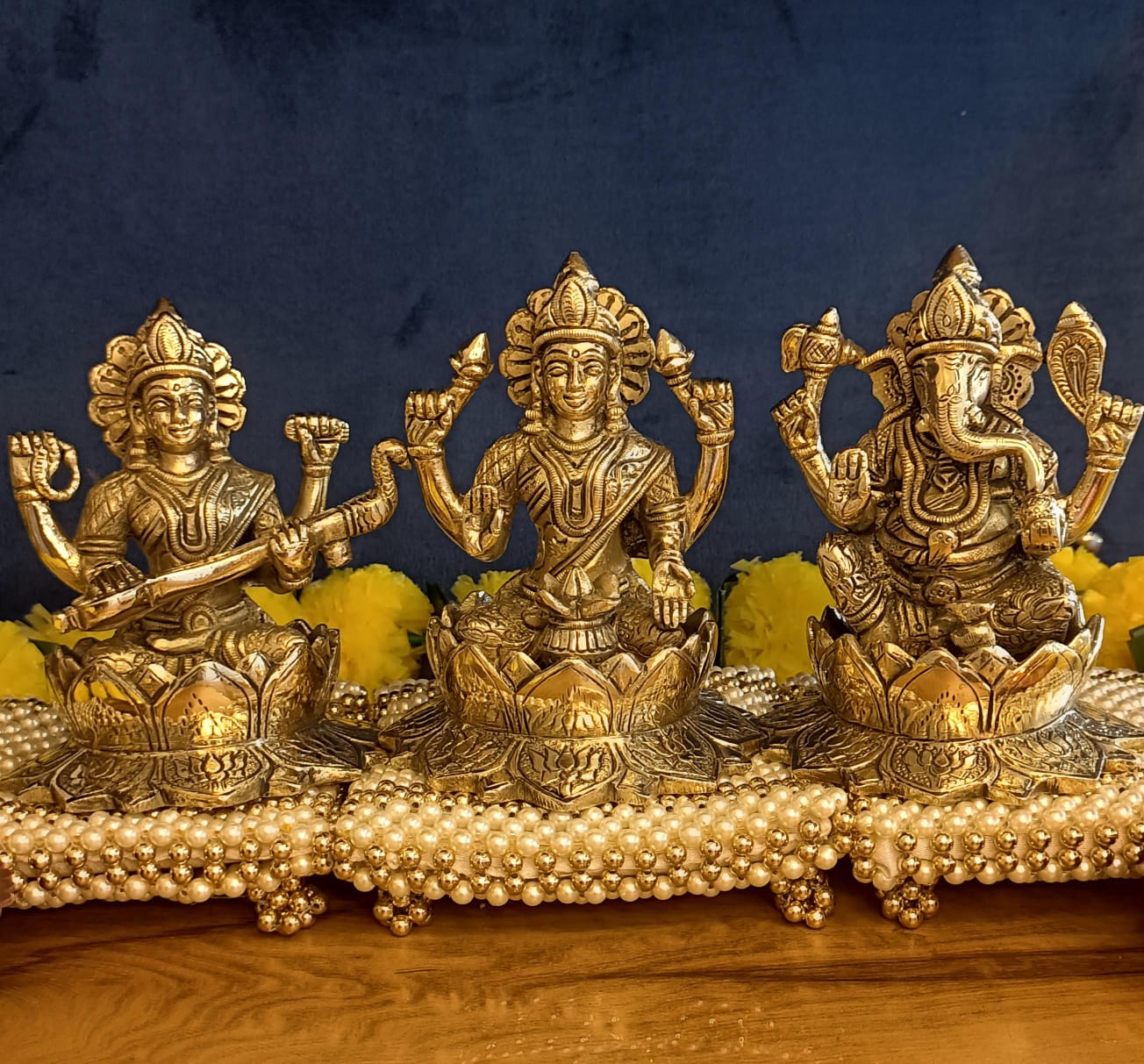 Big Size Lakshmi Ganesha and Saraswati With Lotus Statue Set