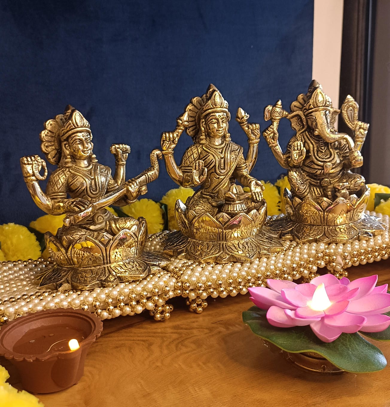 Big Size Lakshmi Ganesha and Saraswati With Lotus Statue Set