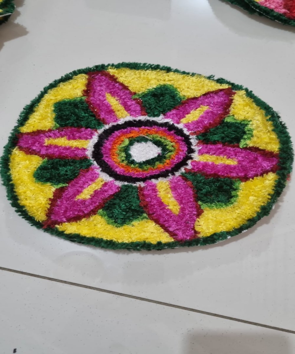 Yellow Green with Pink Lotus  Rangoli Mat 1 Ft