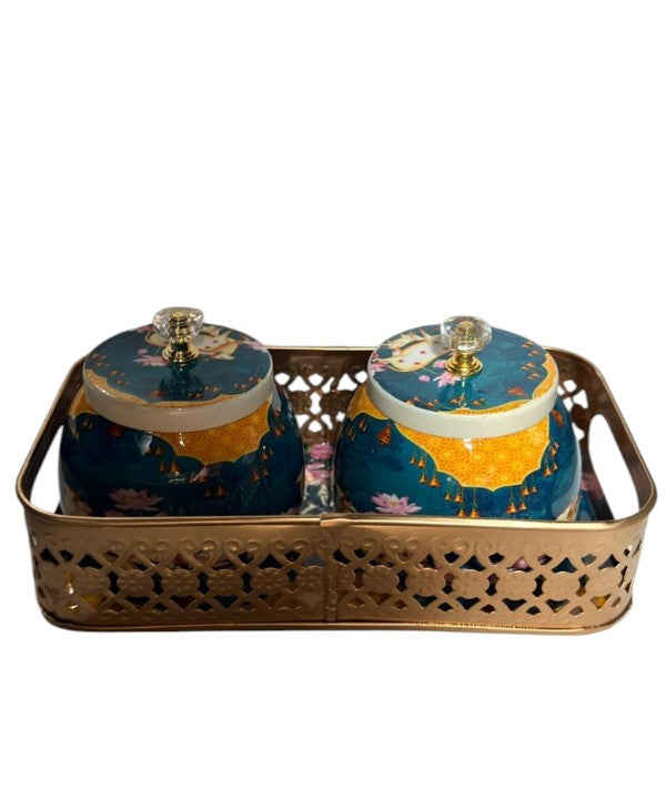 Decorative Storage Jar Set with Metal Tray