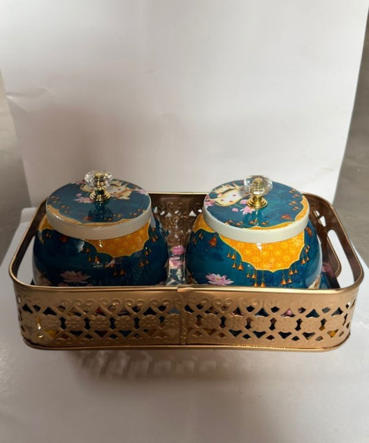 Decorative Storage Jar Set with Metal Tray