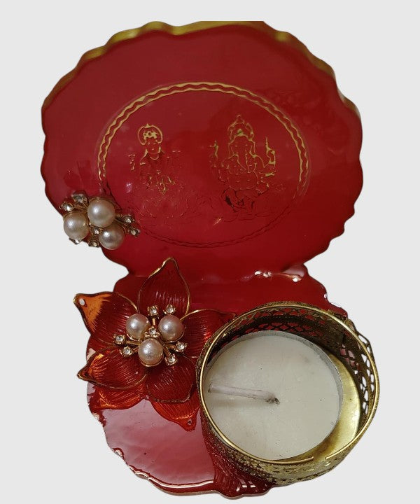Resin Red Tea Light Holder with Golden Lakshmi Ganesha Print