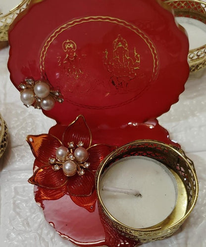 Resin Red Tea Light Holder with Golden Lakshmi Ganesha Print