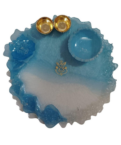 Resin Pooja Thali blue golden ganesha print