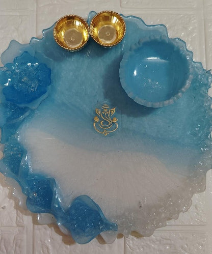 Resin Pooja Thali blue golden ganesha print