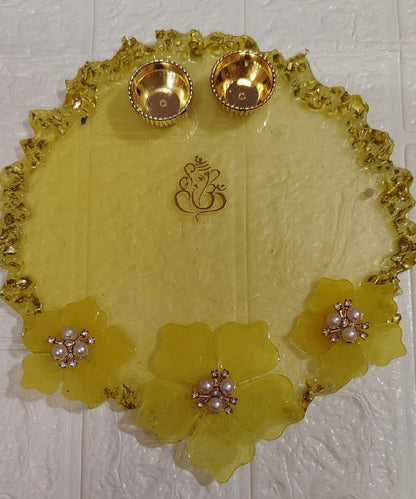 Resin Pooja Thali yellow golden ganesha print with 3 flower