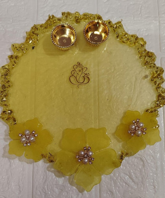 Resin Pooja Thali yellow golden ganesha print with 3 flower