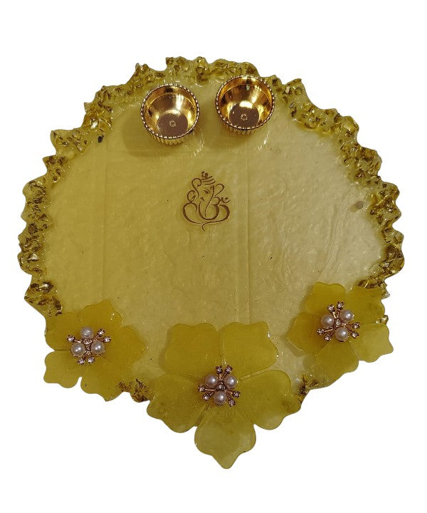 Resin Pooja Thali yellow golden ganesha print with 3 flower