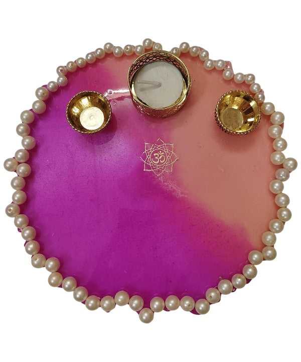 Resin Pooja Thali with Pearl & Tea Light Holder