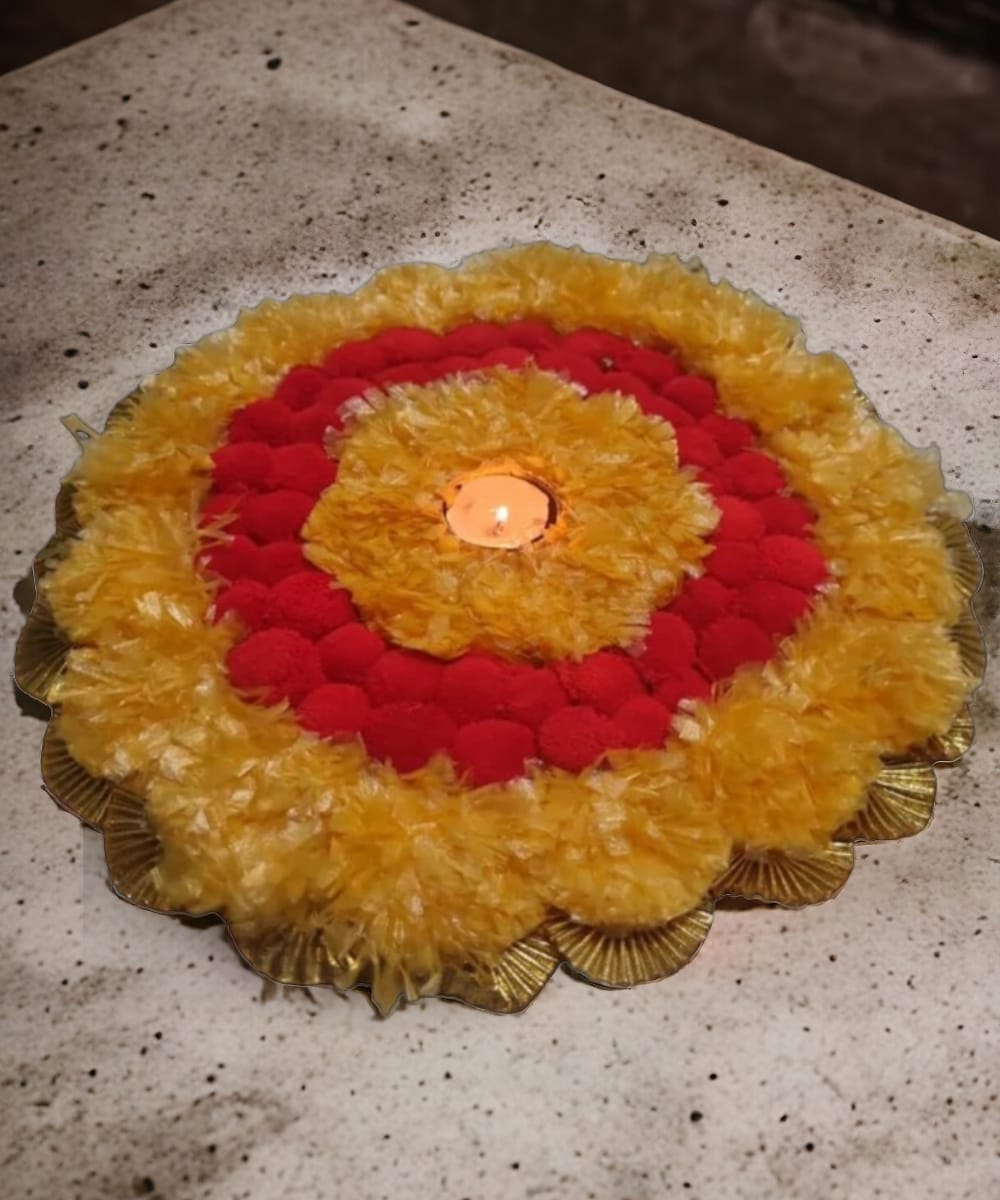 Orange And Red Marigold and PomPom Round Circle Tealight