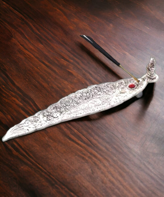 Leaf shaped silver finish Incense Stick Holder with Ganpati statue