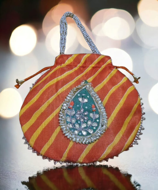 1Pc Orange potli with Green motif Pouch