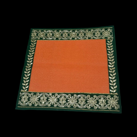 Orange Nylon Handmade Chatai/Mat with Green & Golden sequins work on the Trim/Lace 24x24 (in inch)