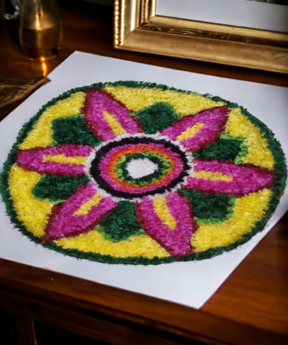 Yellow Green with Pink Lotus  Rangoli Mat 1 Ft