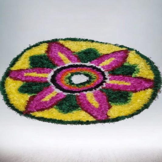 Yellow Green with Pink Lotus  Rangoli Mat 1 Ft