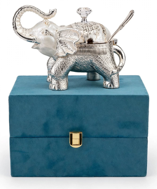 German Silver Elephant Dry Fruit Bowl with Lid & Spoon in Velvet Box